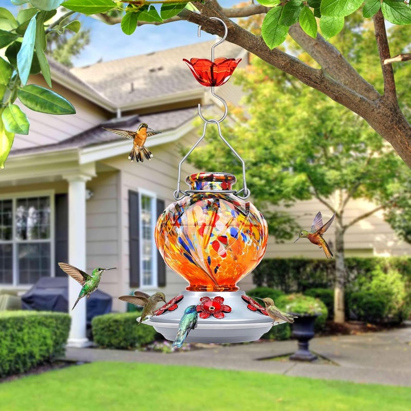 BOLITE Hummingbird Feeder, Hand Blown Glass Hummingbird Feeders for Outdoors Hanging, with 5 Feeding Ports, 22 Ounces, Peony Flower Shape, Orange, Gifts for Women Men, Gifts for Mom Dad - Image 3